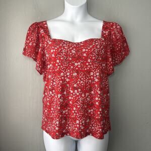 Red Ditzy Floral Top Size Large Square Neck Popover Garden Summer Flutter Sleeve